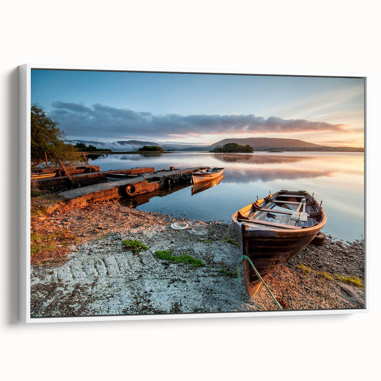 Vintage poster art of a scenic Irish landscape in colorful hues on a framed canvas, ideal for living room decor.