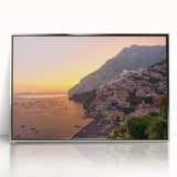 Framed acrylic print of Amalfi Coast with vivid blue and white tones, ideal for modern art wall decor.