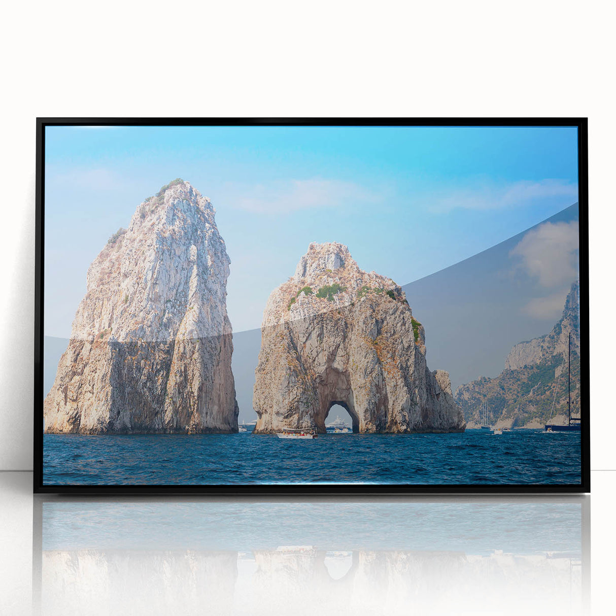 Large abstract wall art depicting the Capri coastline in muted earth tones on a framed acrylic.