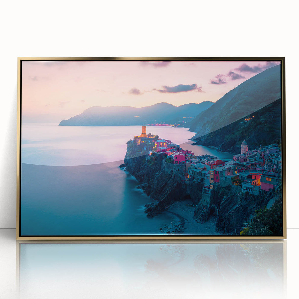 Acrylic print of Cinque Terre with vivid coastal colors in an art deco style, ideal for modern art wall decor.