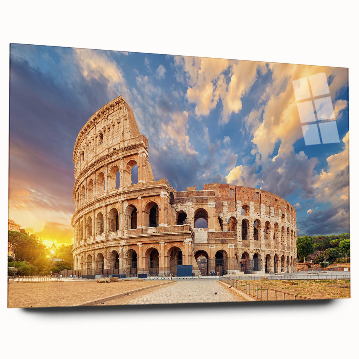 Side view of a large acrylic glass print depicting the Colosseum in muted earth tones, ideal for bedroom or dining room art.