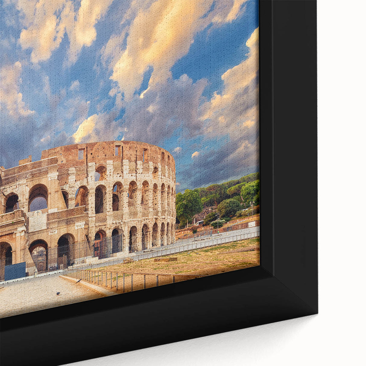 Black wall art featuring a textured close-up of the Colosseum in vibrant colors on a framed canvas.