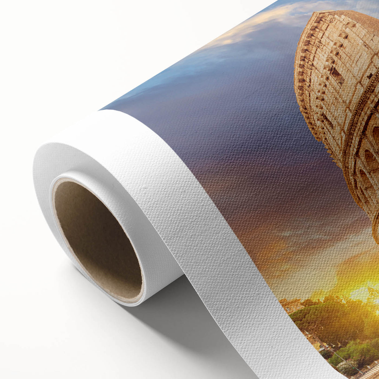 Art deco poster of the Colosseum in muted earth tones on rolled canvas, suitable for dining room decor.