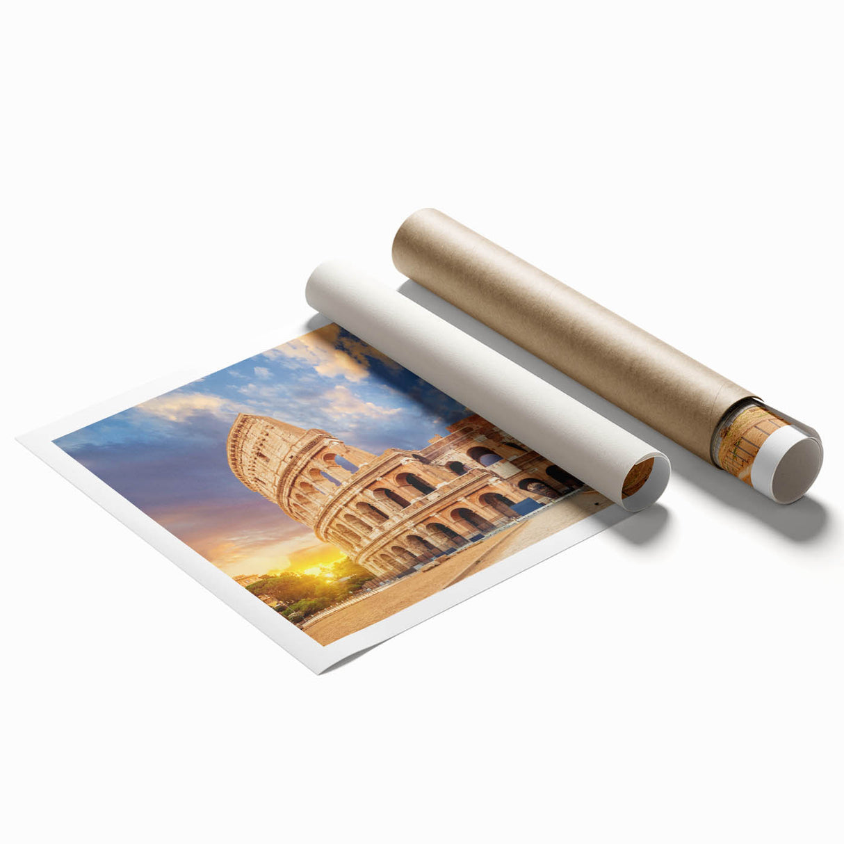 Rolled print of the Colosseum in muted earth tones, suitable as extra large wall art for bathrooms or living rooms.