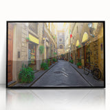 Large abstract wall art of Florence scenery in muted earth tones on acrylic, framed in black, suitable for living room decor.