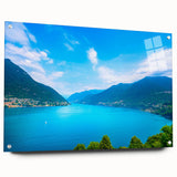 Acrylic print of Lake Como with muted blue and green hues, ideal for dining room decor.