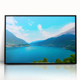 Large abstract wall art of Lake Como with vivid blue and green tones, framed in black acrylic.