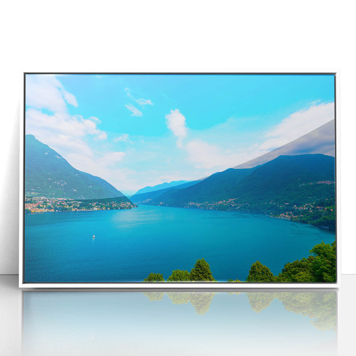 Mid-century modernist art of Lake Como with muted earth tones on a framed acrylic, suitable for modern art wall decor.