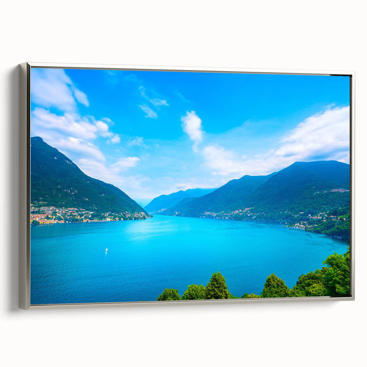 Landscape art painting of Lake Como with vintage poster style on framed canvas.