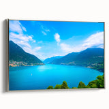 Landscape art painting of Lake Como with vintage poster style on framed canvas.