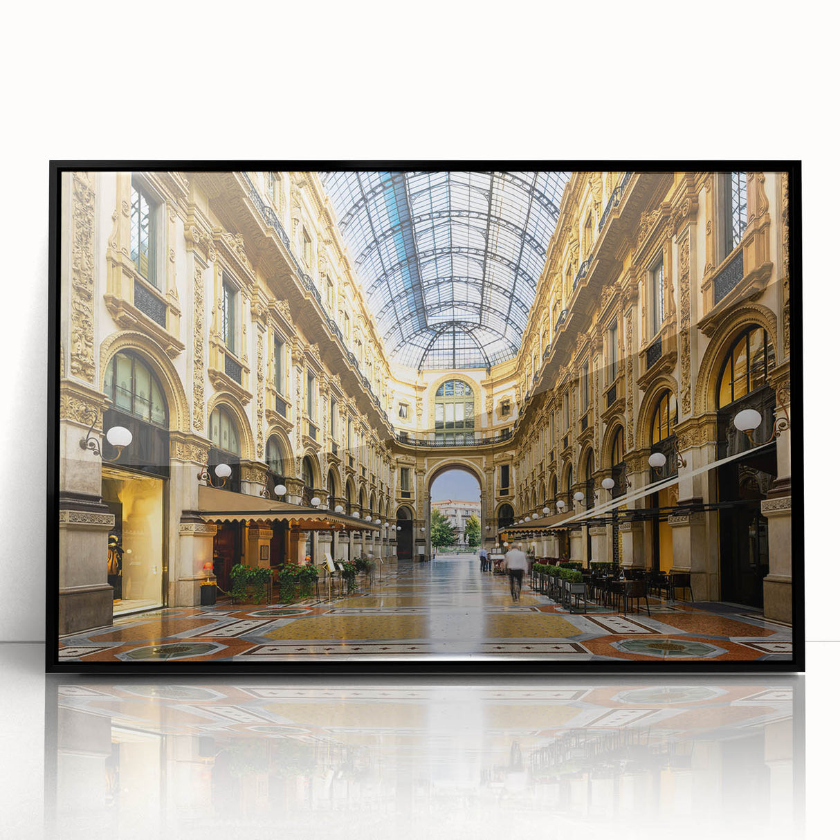 Large abstract wall art depicting a Milan cityscape in muted gray and blue tones on a framed acrylic.