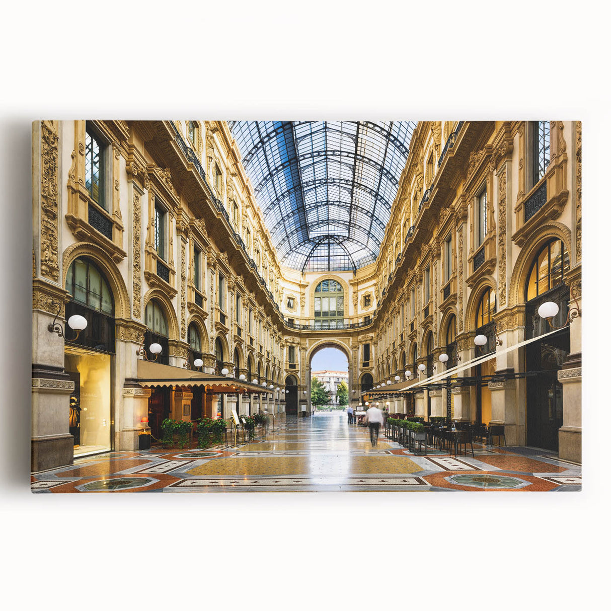 Black and white photograph of Milan scenery on stretched canvas, suitable as large kitchen wall art or for a bedroom.