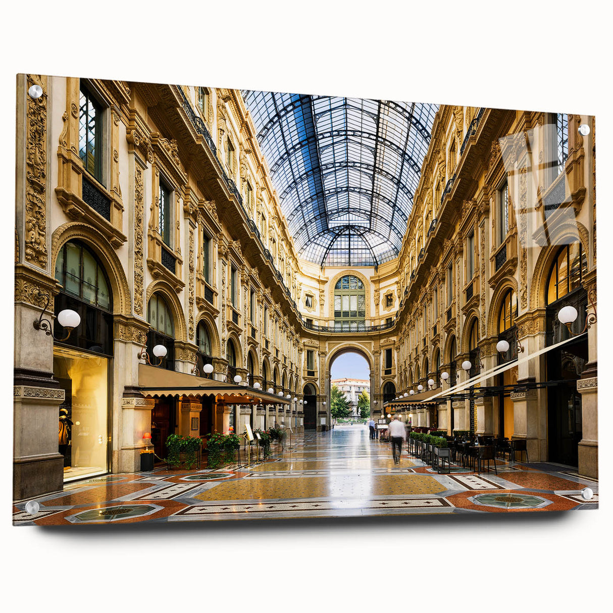 Acrylic glass print of a Milan cityscape in muted earth tones, suitable for bedroom or dining room decor.