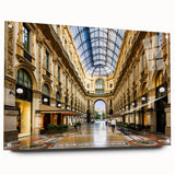 Acrylic glass print of a Milan cityscape in muted earth tones, suitable for bedroom or dining room decor.