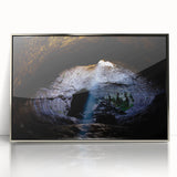 Large art print of Mount Etna in silver-framed acrylic, featuring mid-century modernist style with muted earth tones.