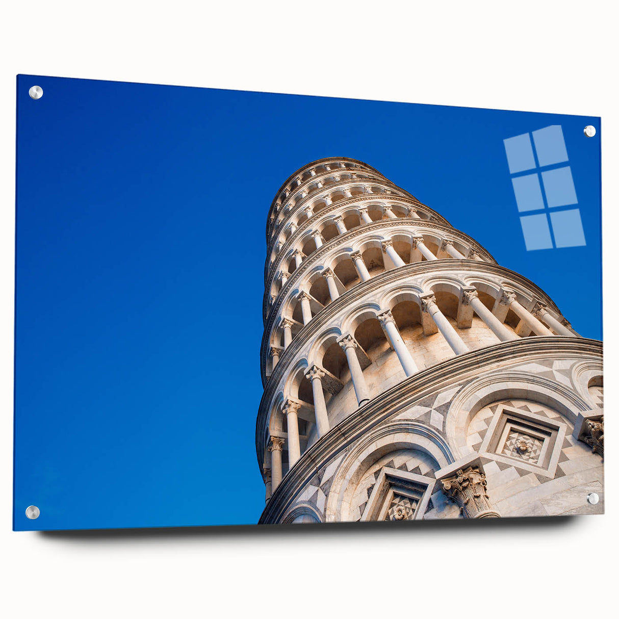 Side view of a large acrylic print featuring the Leaning Tower of Pisa in shades of gray.