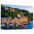 Acrylic print of Portofino, Italy, with vivid blue and pastel hues, ideal for dining room decor.