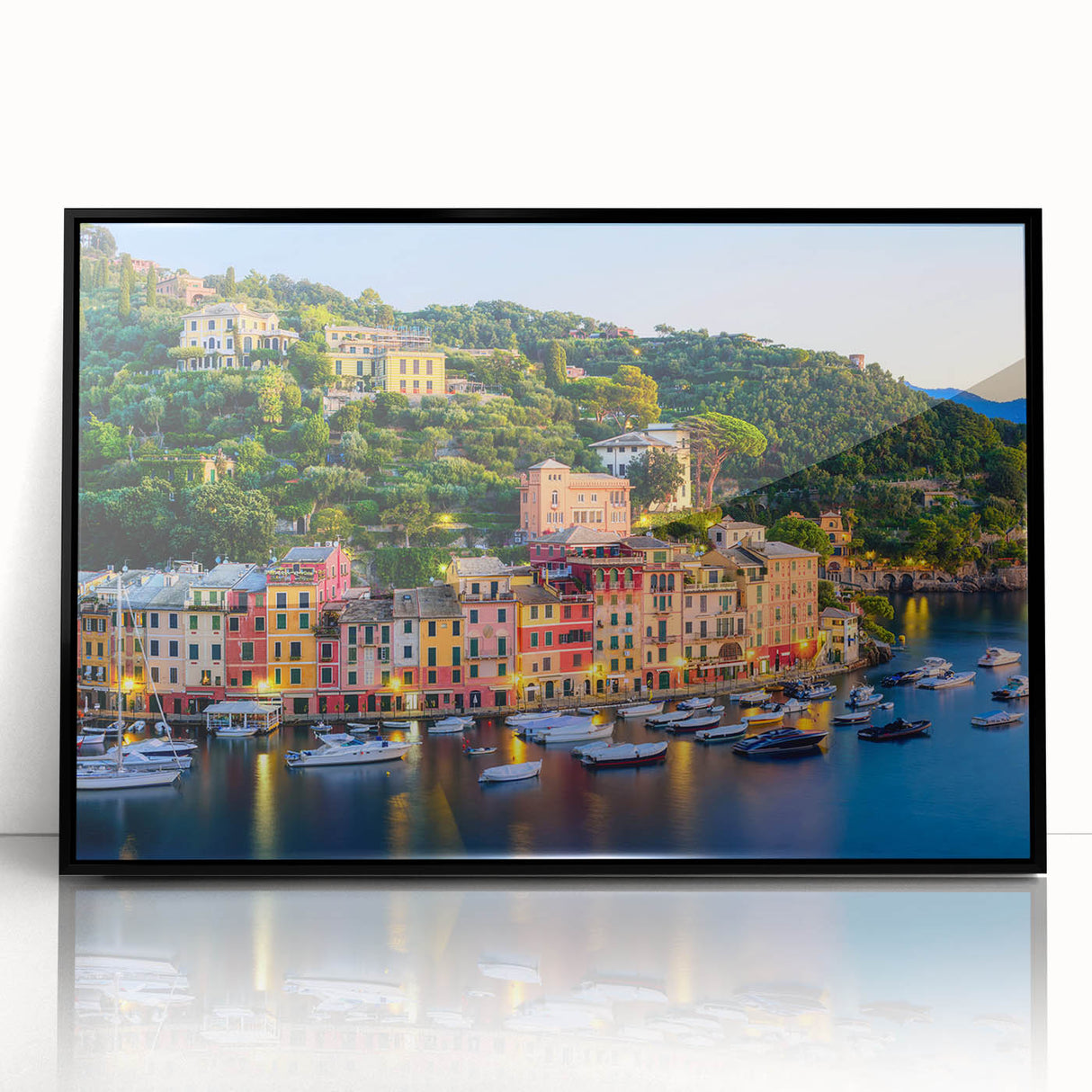 Large abstract wall art of Portofino, Italy, in muted earth tones on a framed acrylic, ideal for modern living room decor.