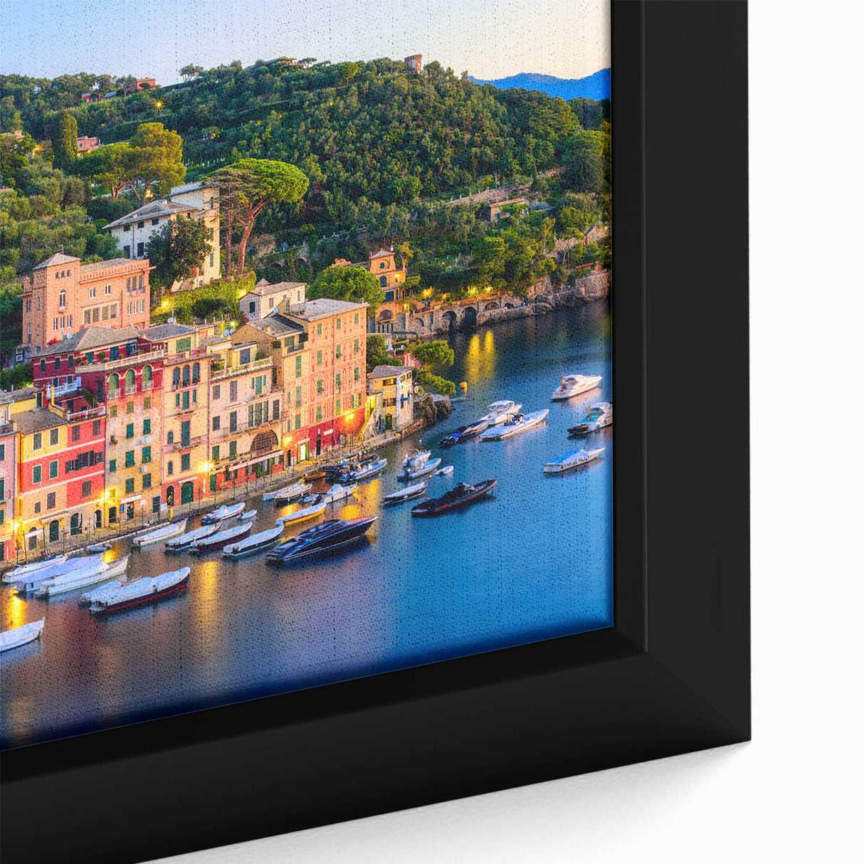 Extra large framed canvas of a textured Portofino, Italy scenery with colorful buildings and black accents.