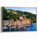 Framed canvas of vintage Portofino landscape in muted earth tones, ideal for bedroom wall art.