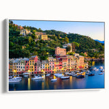 Vintage poster art of Portofino, Italy, featuring colorful buildings and boats on canvas, ideal for living room decor.