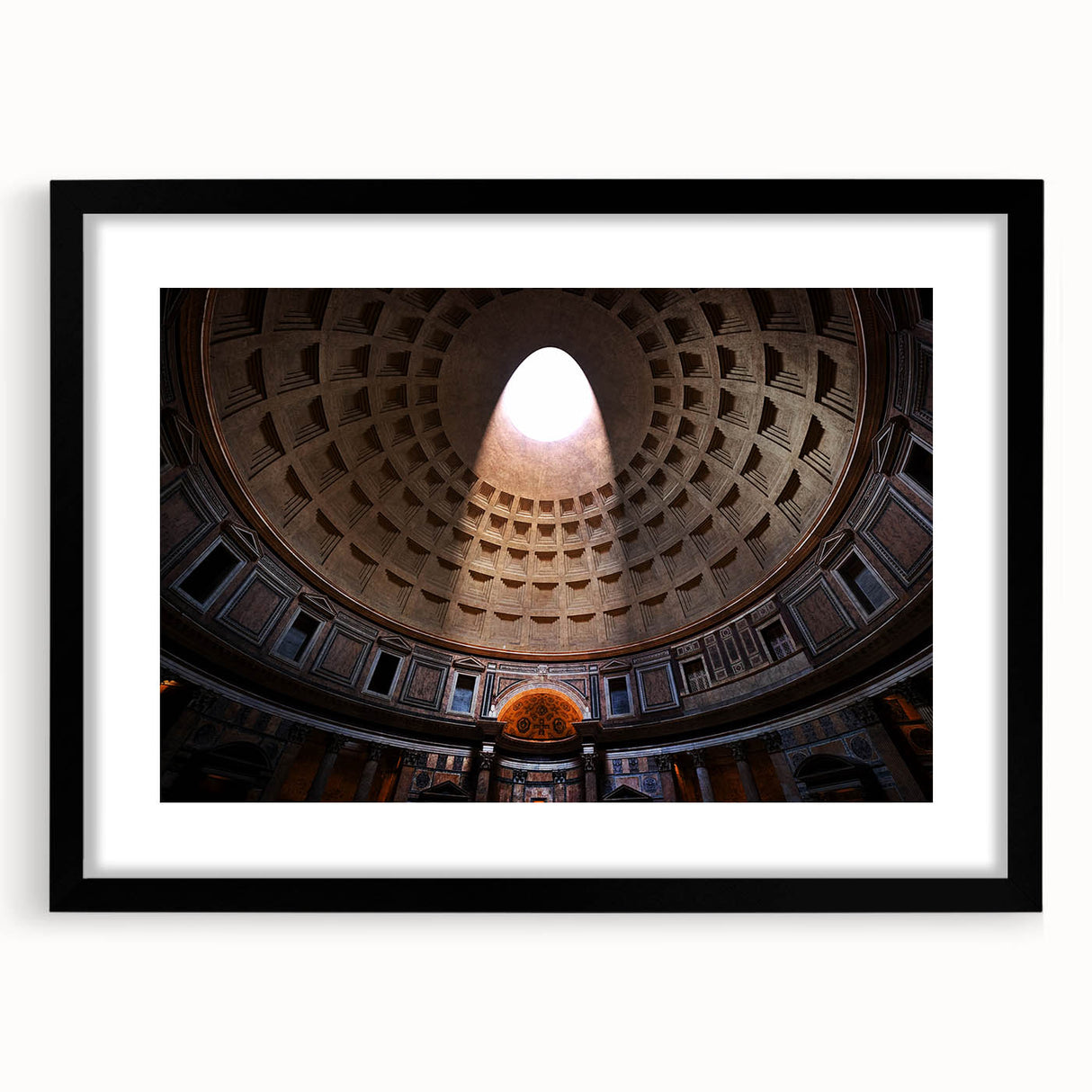 Extra large abstract art print of colorful, textured Rome scenery on black framed canvas, suitable for living room decor.