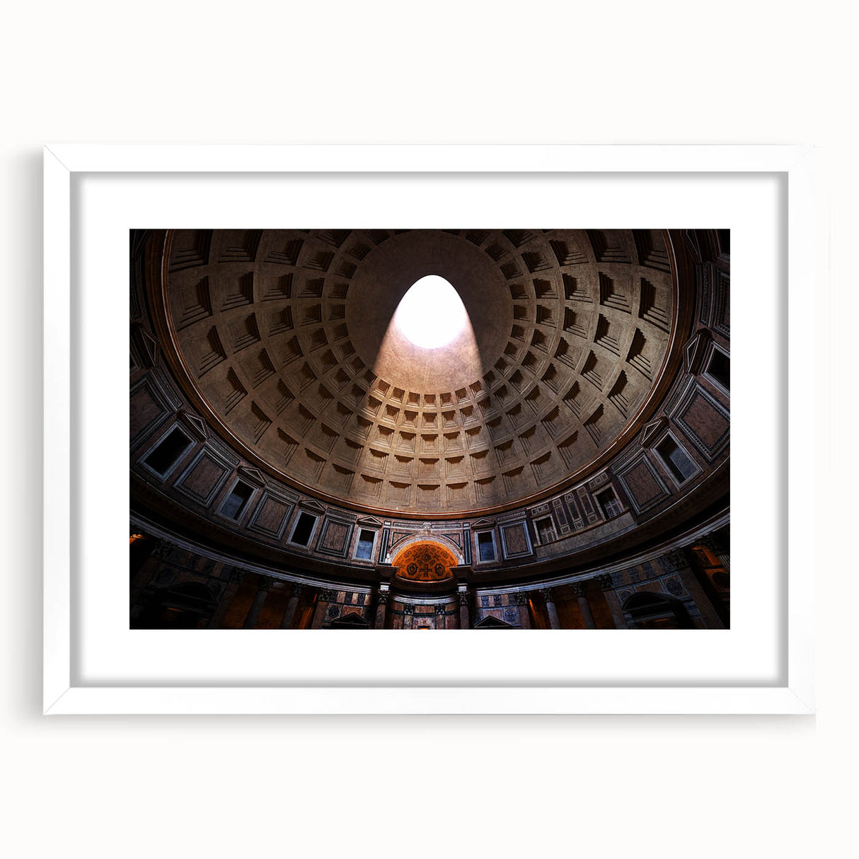 Textured art print of Rome's cityscape in muted earth tones on a framed white mat, suitable for bedroom decor.