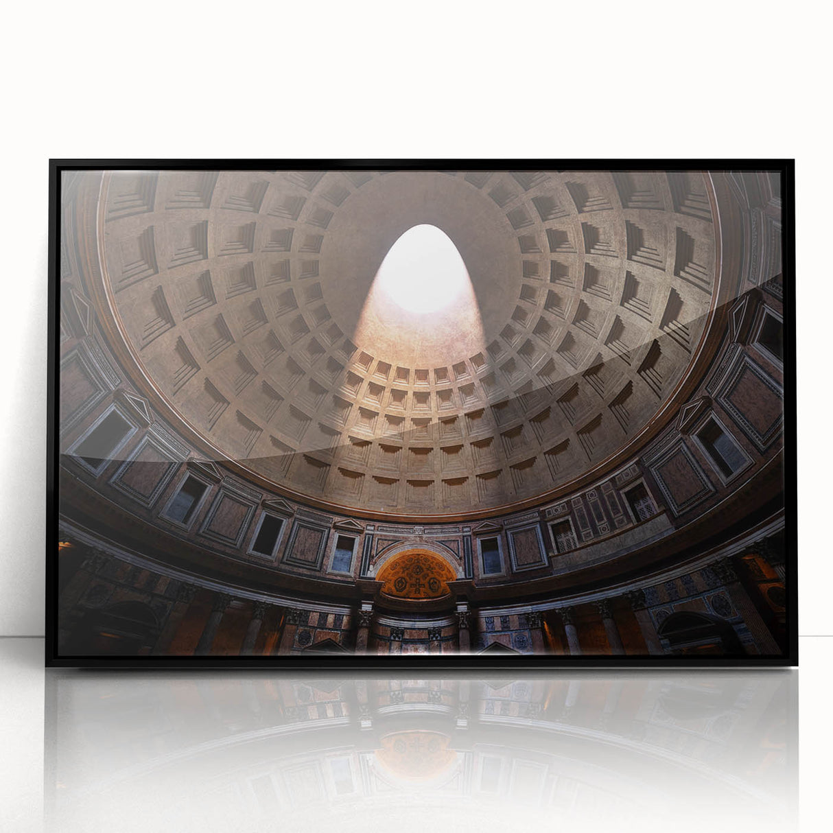 Large abstract wall art depicting a Roman cityscape in muted gray and blue tones on acrylic, framed in black.