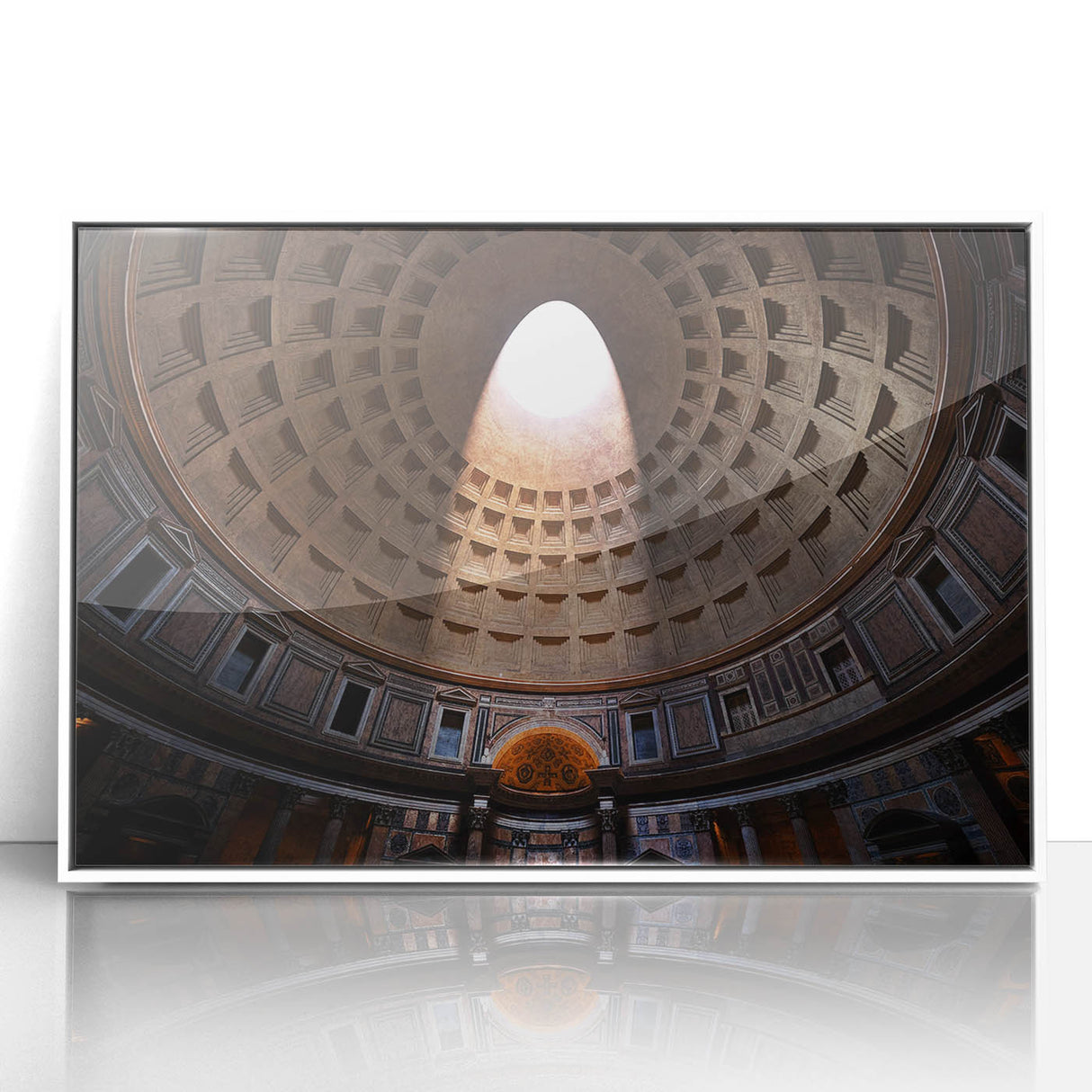 Mid-century modernist art depicting the Rome skyline in muted earth tones on a white acrylic framed print.