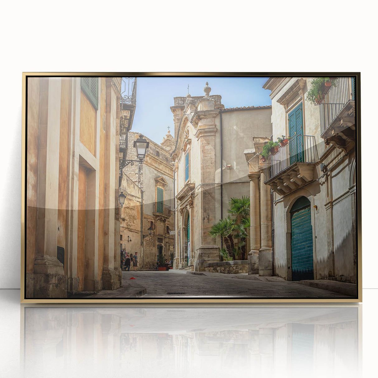 Framed acrylic print of a Sicilian landscape in art deco style, with muted earth tones, ideal for modern art wall decor.