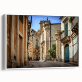 Vintage poster art of a Sicilian landscape on extra large framed canvas, featuring vibrant colors against a black background.