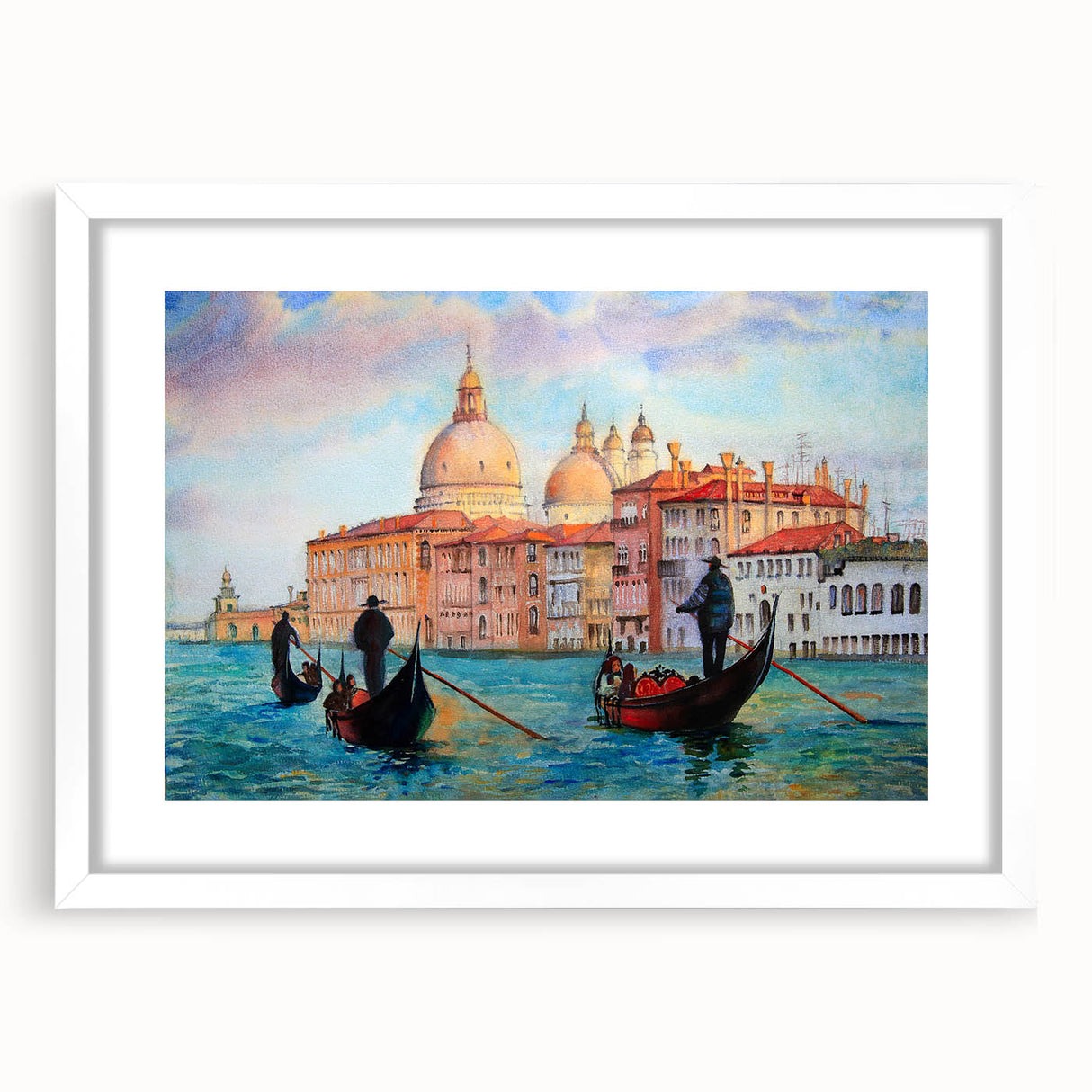 Textured art print of an abstract Venice scenery in muted earth tones on a framed white mat, suitable for bedroom decor.