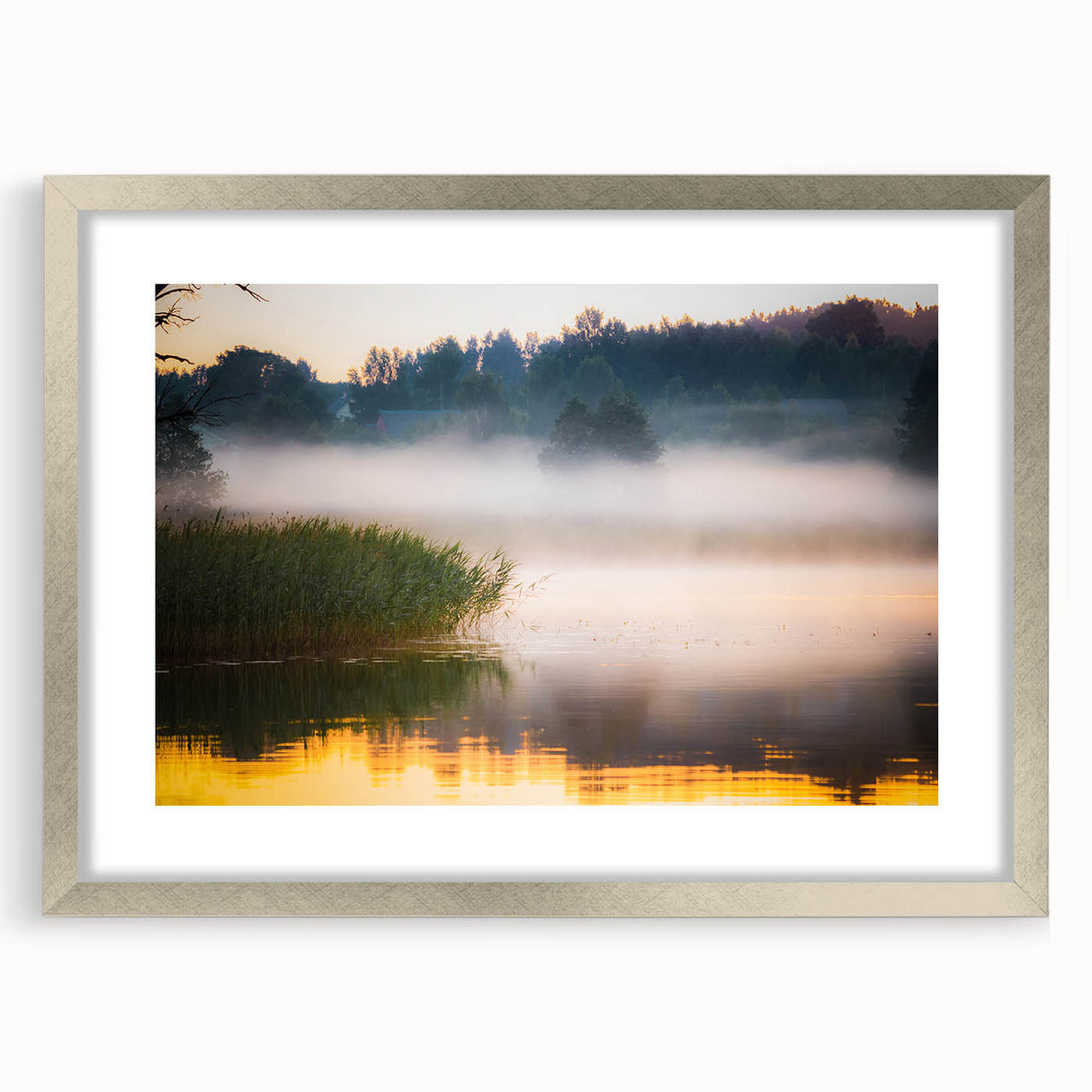 Extra large abstract art print depicting a textured European scenery in muted earth tones, framed in silver.