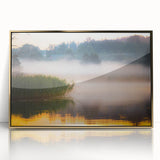 Art deco poster of a European cityscape in muted gold and blue tones, acrylic print framed.
