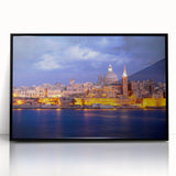 Large abstract wall art depicting a European Malta scenery in muted earth tones, framed in black acrylic.