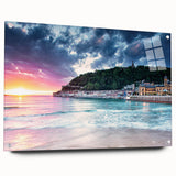 Acrylic print of a Mediterranean seascape with vibrant blue and white tones, ideal for dining room decor.