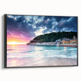 Black and white framed canvas featuring a vintage-style Mediterranean seascape, suitable for bedroom wall decor.