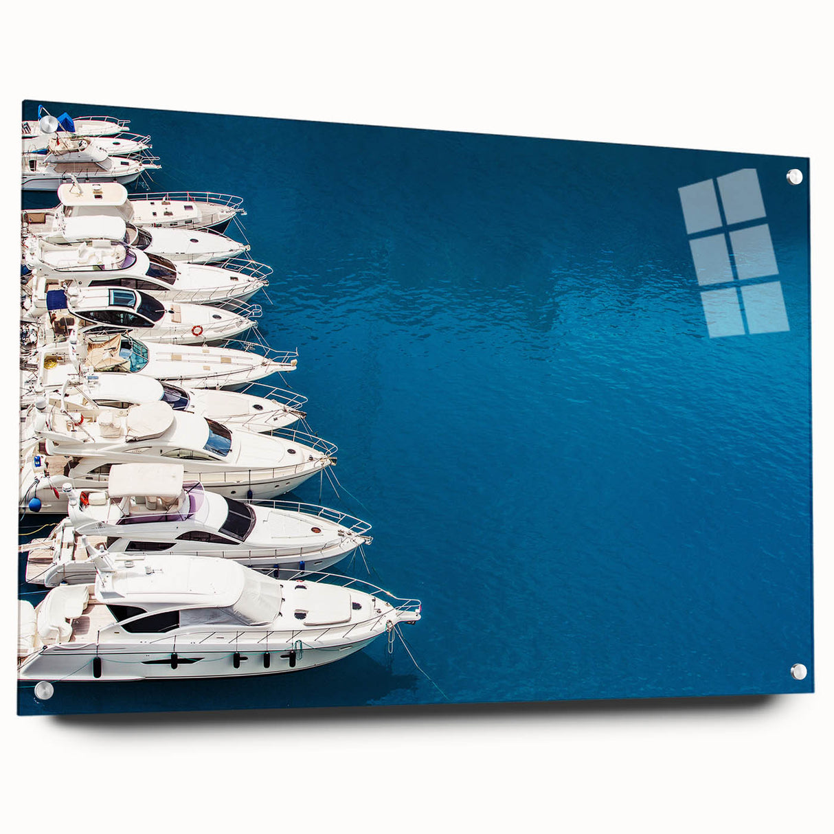 Acrylic glass print of Monaco scenery in muted blue and green tones, suitable for dining room decor.