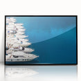 Large abstract wall art depicting a Monaco landscape in muted blue and gray tones, framed in black acrylic.