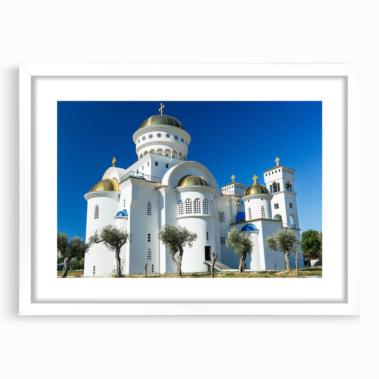 Textured art print depicting an abstract Montenegro scenery in muted earth tones on a white framed mat.