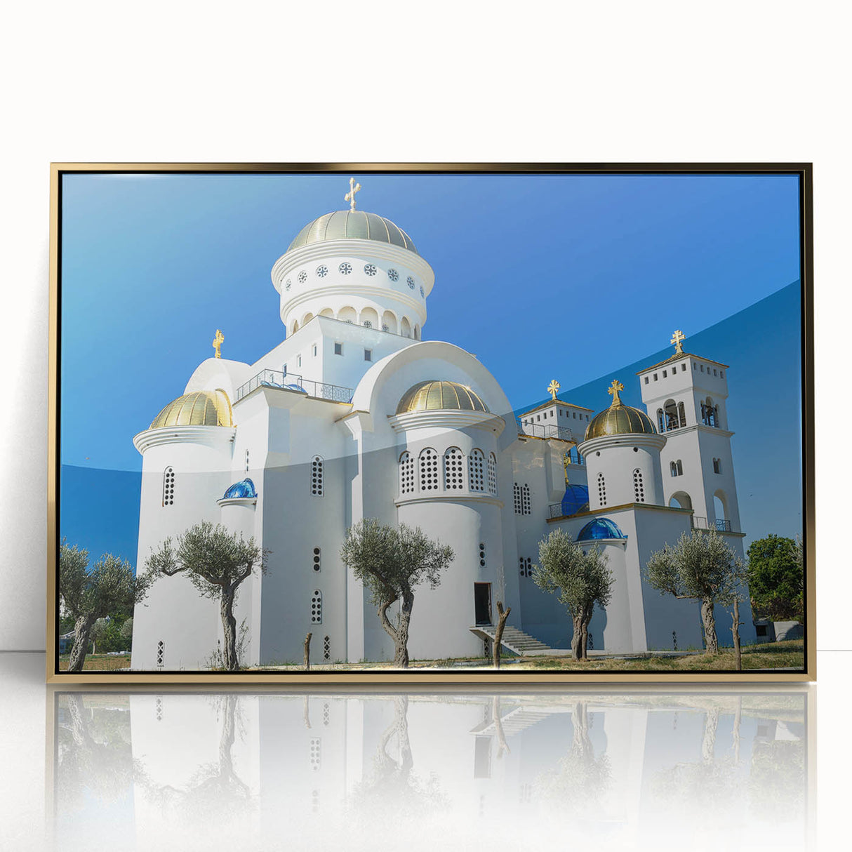 Art Deco poster of a European Montenegro landscape in gold and blue tones, acrylic print framed.