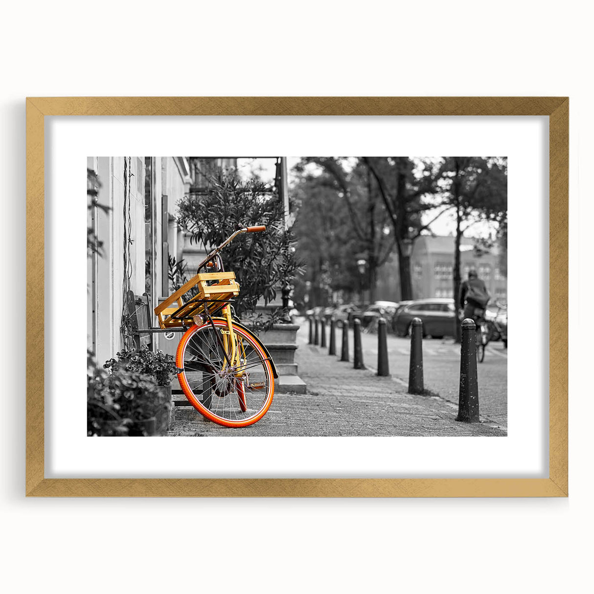 Abstract art print of Amsterdam scenery in muted gold and blue hues on a framed canvas, ideal for dining room decor.
