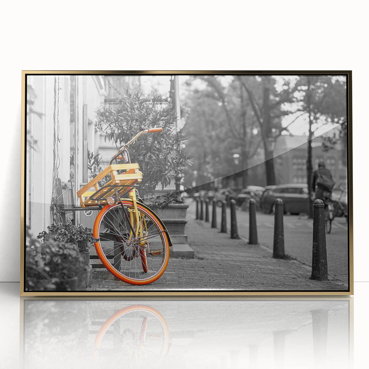 Art deco poster of Amsterdam scenery with muted gold and blue tones on framed acrylic, ideal for modern art wall decor.