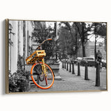 Framed canvas wall art of a vintage Amsterdam landscape in black and gold tones, ideal for bedroom decor.