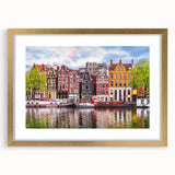 Abstract art print of a European scenery in muted earth tones on a framed canvas, suitable for dining room decor.