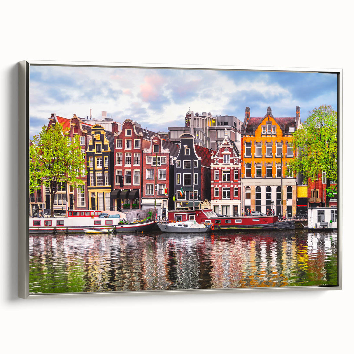 Framed canvas featuring a vintage-style landscape art painting of a Dutch scenery in colorful art tones.