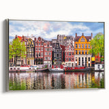 Framed canvas featuring a vintage-style landscape art painting of a Dutch scenery in colorful art tones.