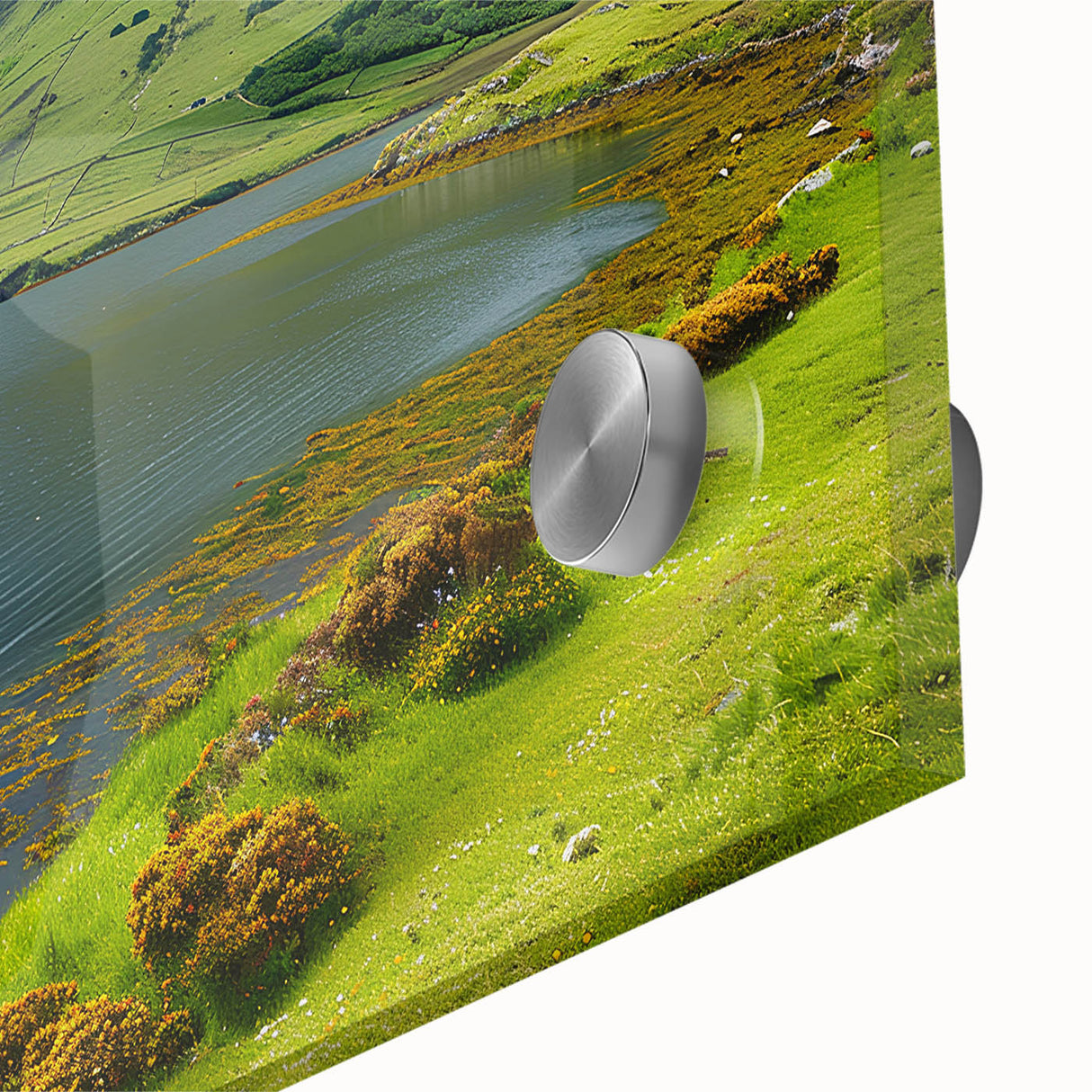 Large abstract wall art of Northern Ireland scenery in muted greens on acrylic glass, ideal for dining room art.