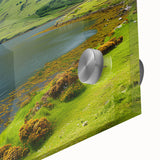 Large abstract wall art of Northern Ireland scenery in muted greens on acrylic glass, ideal for dining room art.