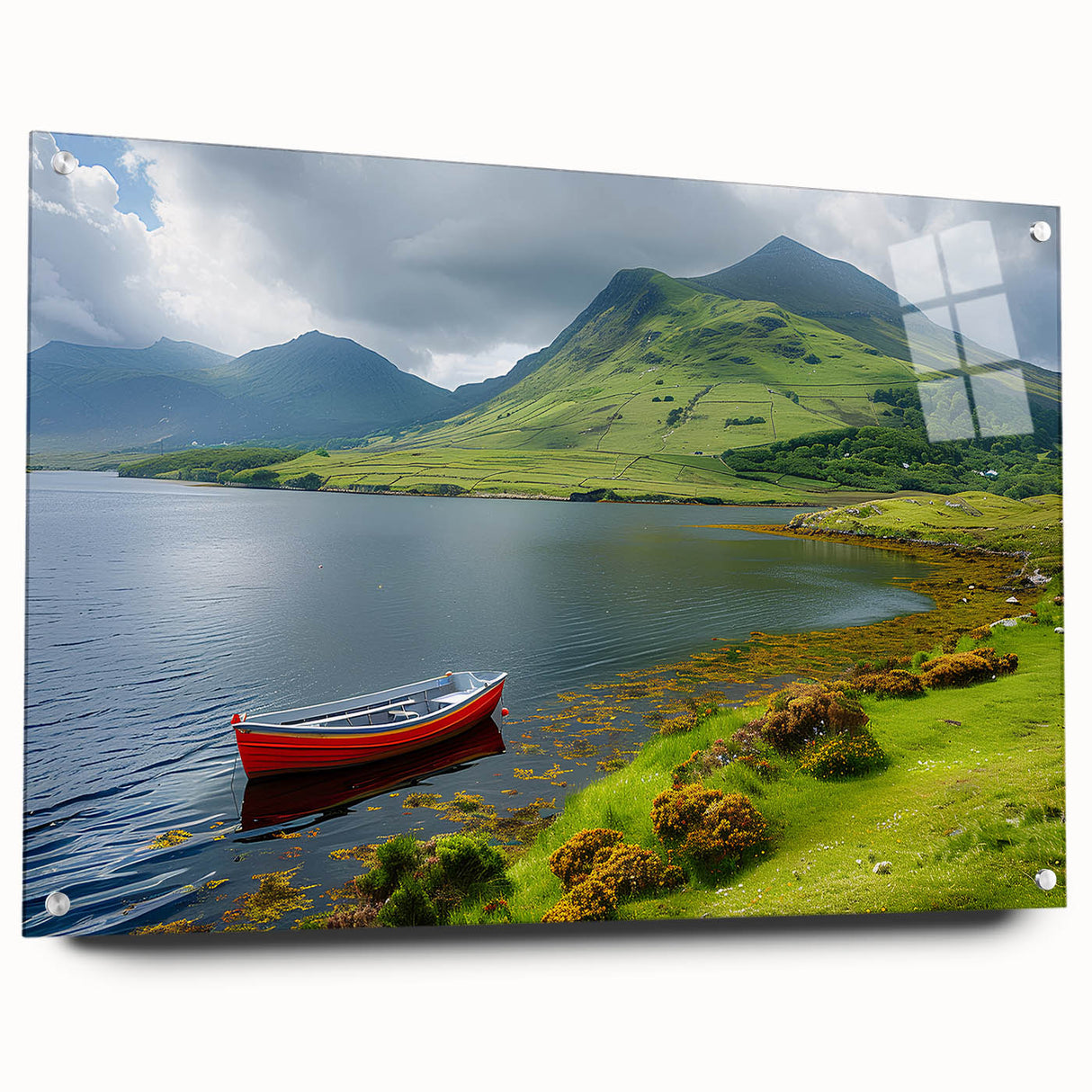 Acrylic print of a Northern Ireland landscape with green fields and blue skies, ideal for bedroom or dining room decor.